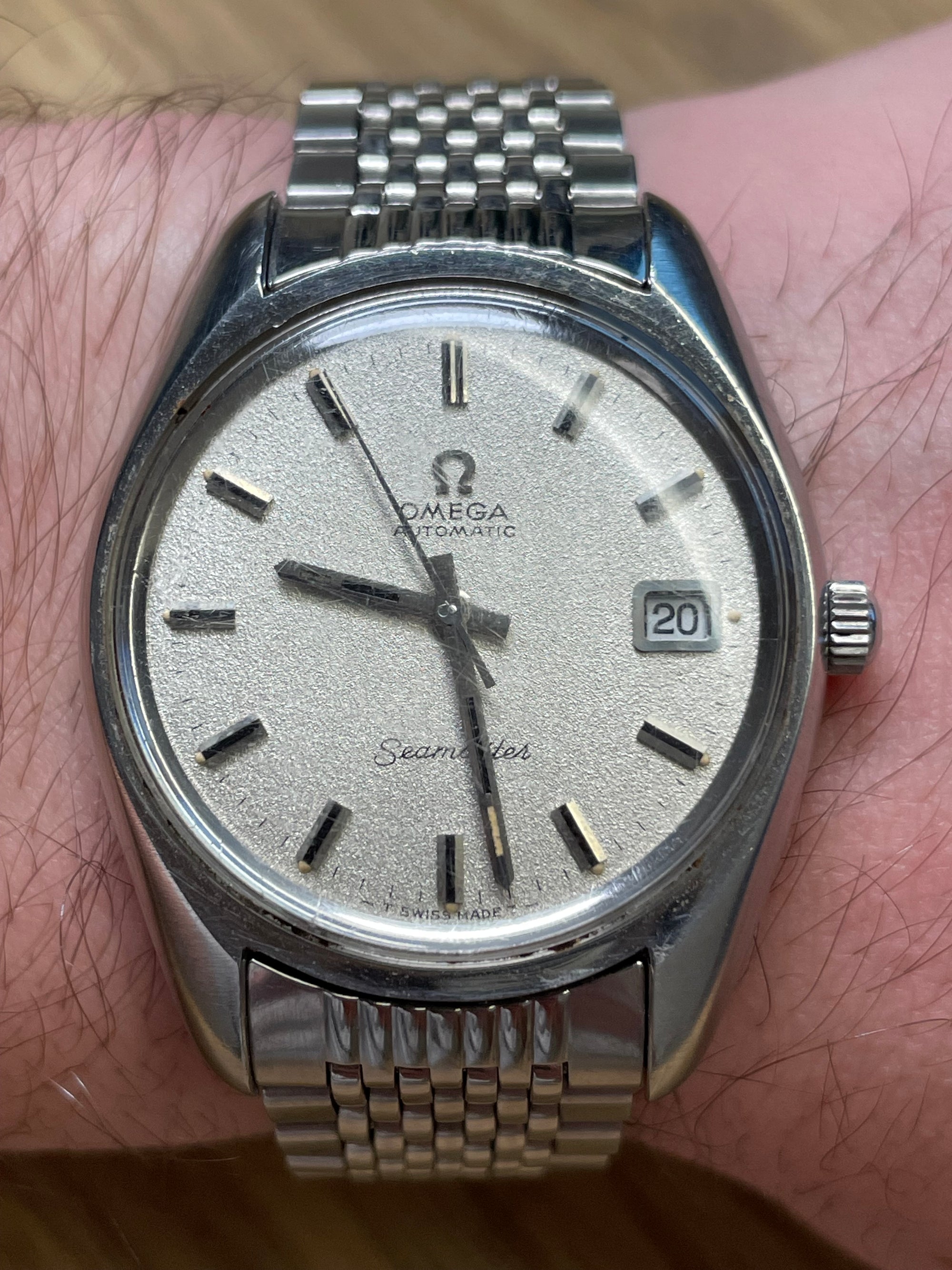 1971 Omega Seamaster (Ref. 166.067) w/ Frosted Dial, original “Beads of Rice” bracelet.